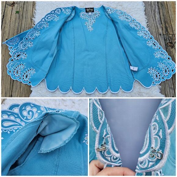 Blue Embroidered Blazer Bob Mackie L Stretch Jacket White Paisley Scallop Edge - Picture 7 of 10